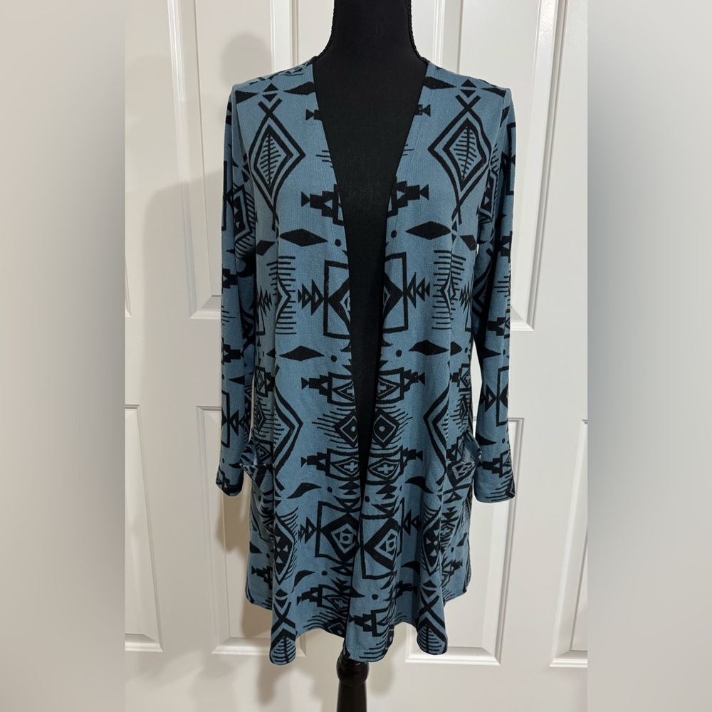 LulaRoe M Caroline Blue and Black Aztec Cardigan